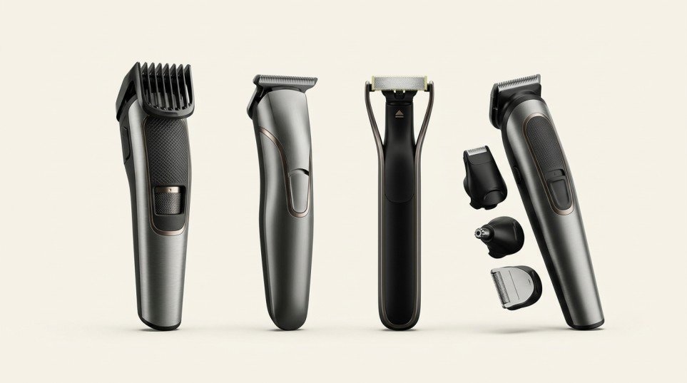 Four types of beard trimmers arranged on a Fresh Ivory background, including a standard beard trimmer, T-blade trimmer, hybrid trimmer, and multi-grooming trimmer.