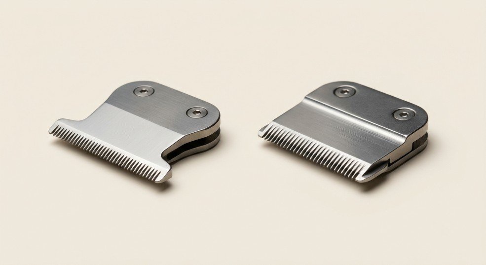 T-blade and standard beard trimmer blades shown side by side on a Fresh Ivory background for comparison.