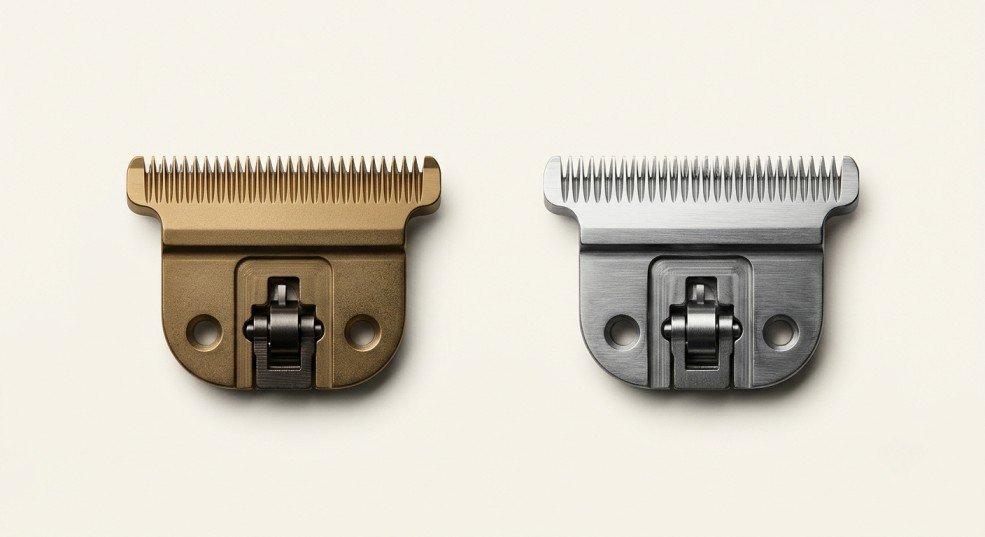 Close-up comparison of titanium-coated and stainless steel beard trimmer blades on a Fresh Ivory background.