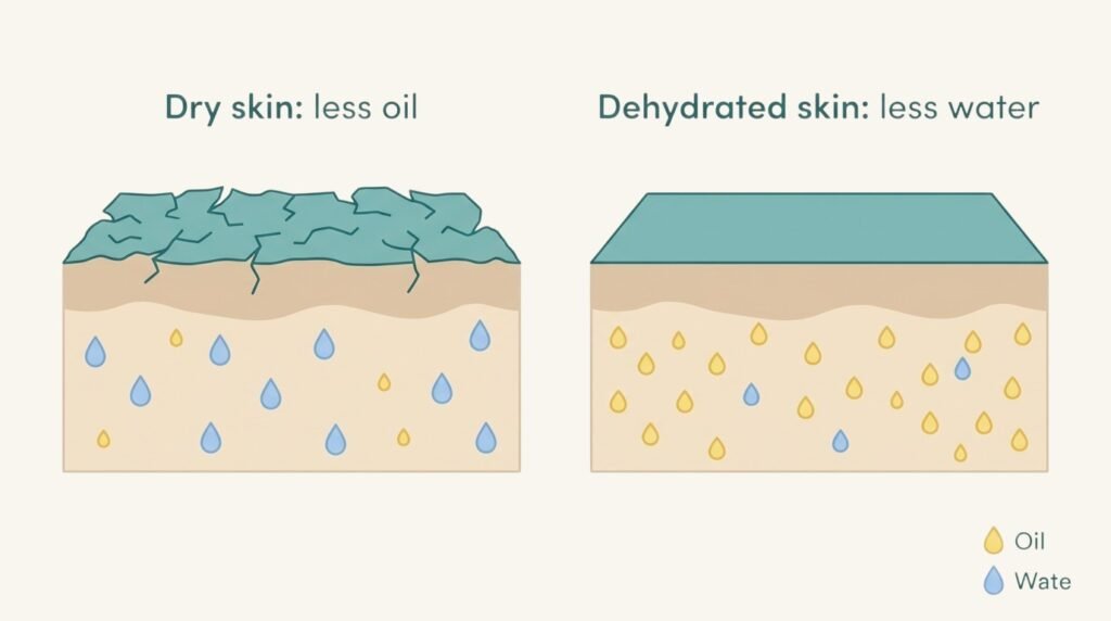 Side-by-side skin diagram comparing dry skin, which has less oil, with dehydrated skin, which has less water