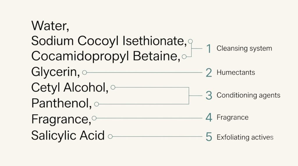 Annotated example of face wash for dry skin ingredient list showing the cleansing system, humectants, conditioning agents, fragrance and exfoliating actives