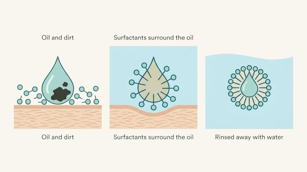 Diagram showing how surfactants surround oil and dirt on skin and rinse away with water