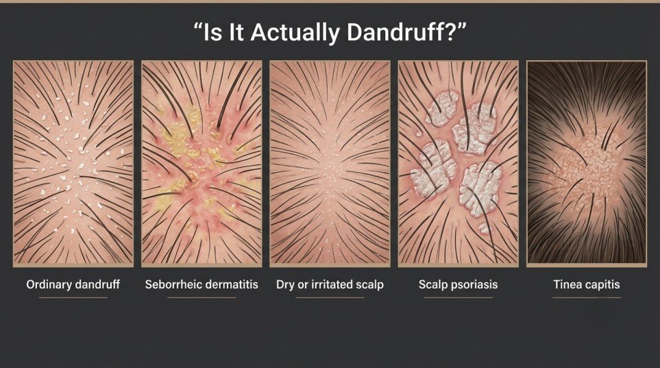 Infographic comparing dandruff, seborrheic dermatitis, dry scalp, scalp psoriasis and tinea capitis