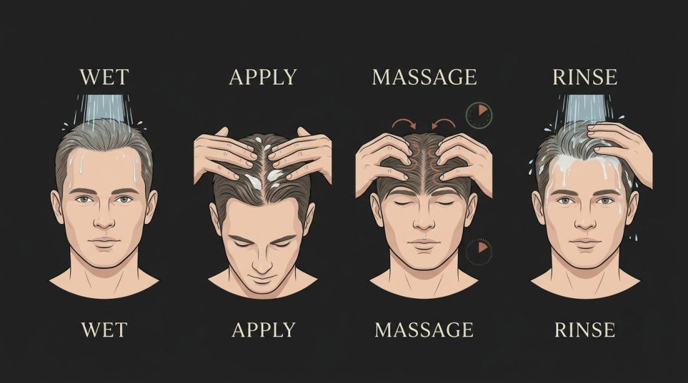 Step-by-step infographic showing how to use anti-dandruff shampoo correctly