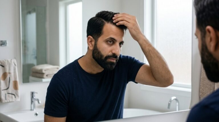 Man parting his hair to check his scalp for dandruff flakes