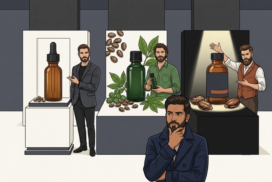 Editorial illustration of three distinct beard oil brands promoting castor oil as a hero ingredient while a consumer questions their beard-growth claims.