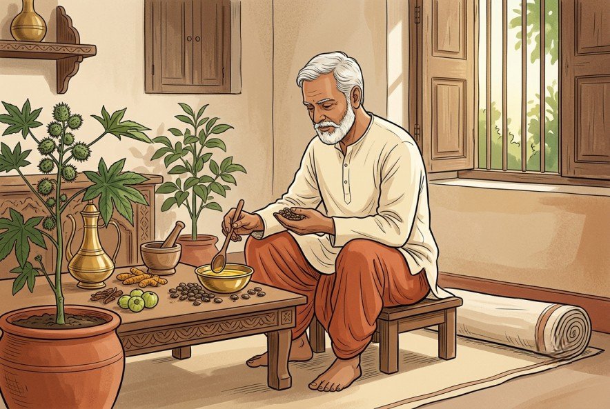 Editorial illustration of an Indian Ayurvedic practitioner examining castor oil and castor seeds in a traditional herbal preparation setting.