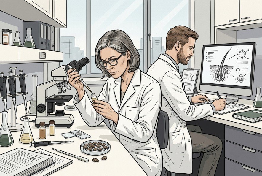 Editorial illustration of scientists in a modern dermatology laboratory examining castor oil for beard growth and reviewing scientific evidence on growth.