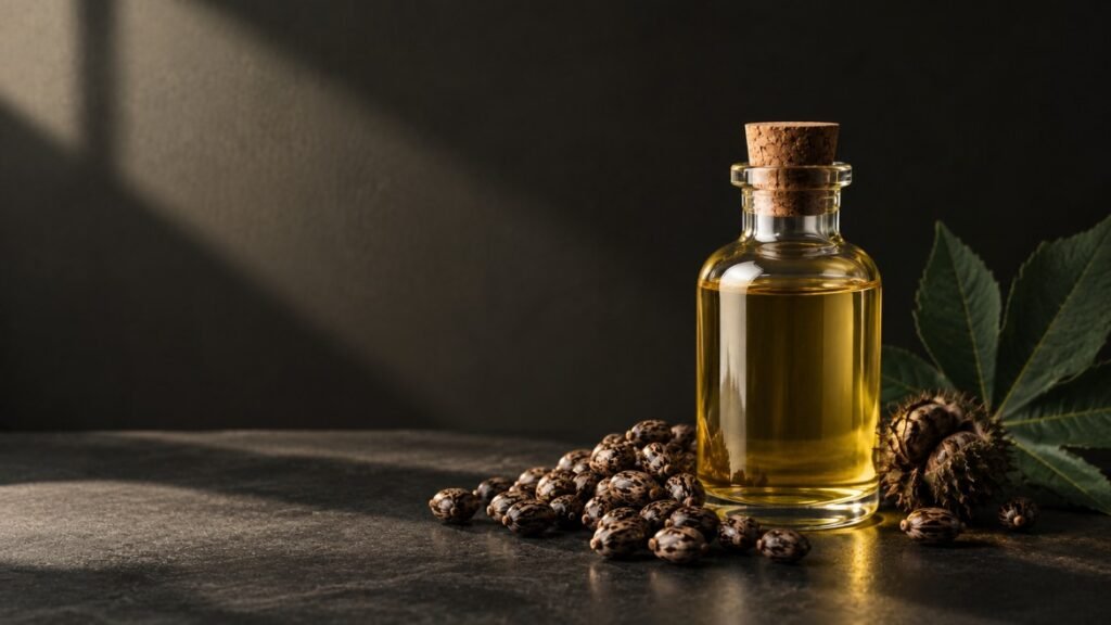 Amber glass bottle of castor oil beside natural castor seeds on a dark surface.